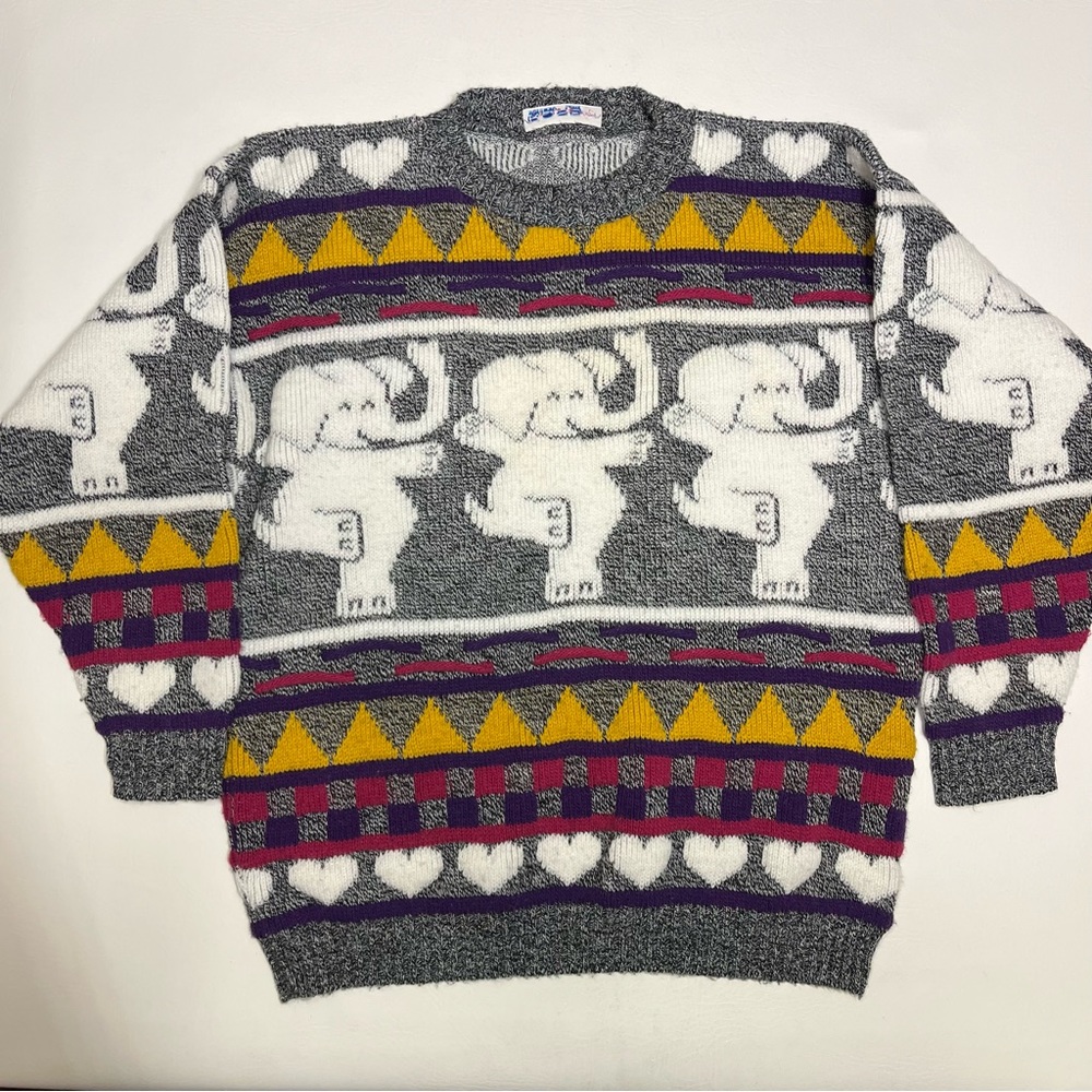 Vintage 80s Dancing Elephant Sweater Unique Colorful Animal Circus Knit - Picture 4 of 9